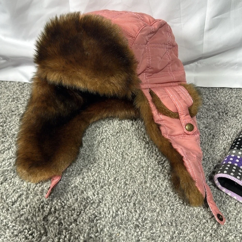 Mossimo Supply Co Pink W Fur & Bula Purple and Black Beanie Hat Youth OSFM
